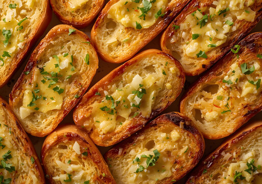 a close-up of multiple slices of golden toasted garlic bread