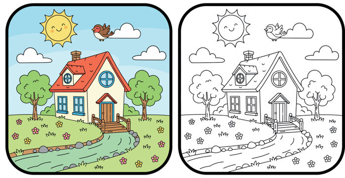Cute Cartoon House with Red Roof and Wooden Bridge Over Stream in Sunny Meadow Vector Illustration