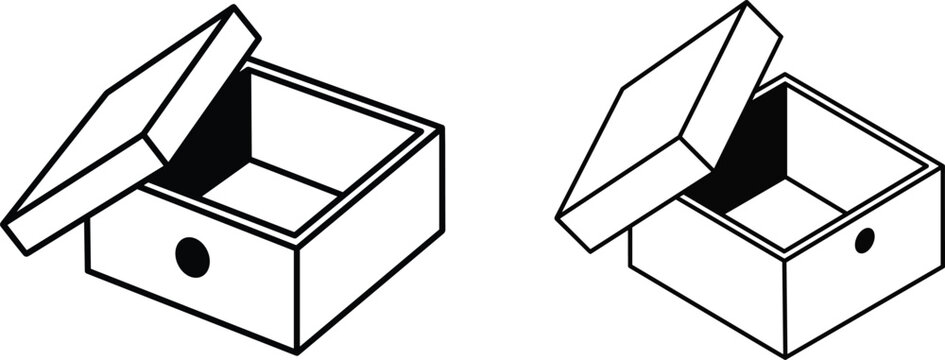 Set of open storage boxes with lid and circular front details container cardboard packaging delivery shipping minimalist isometric isolated collection