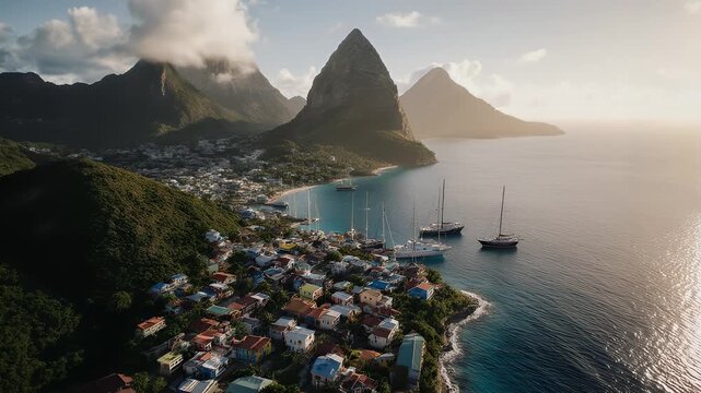 Aerial View of Soufriere Village and the Iconic Pitons Mountain Peaks in Saint Lucia at Golden Hour