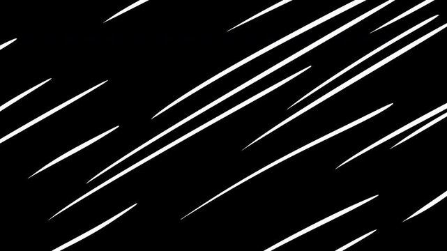 Bold 2d animation of cartoon diagonal speed lines moving fast on black background, expressive anime motion graphic overlay element.