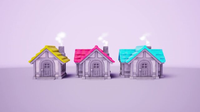 Yellow Pink and Blue Miniature Cottages Row 3D Render