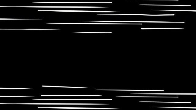 Dynamic horizontal speed lines on top and bottom edges on black background, cinematic comic style framing effect. Seamless loop 2d animation fast wind or energy in cartoon anime style.