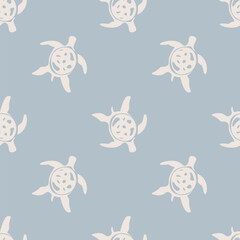 Minimalist seamless turtle pattern featuring stylized hand drawn sea turtles in pale cream on a dusty blue background. Elegant repeating design for coastal textiles and soft nursery decor. © ArtValeriia