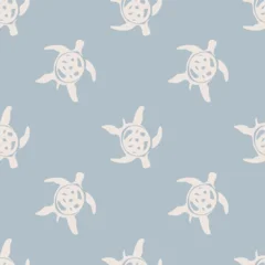 Minimalist seamless turtle pattern featuring stylized hand drawn sea turtles in pale cream on a dusty blue background. Elegant repeating design for coastal textiles and soft nursery decor. © ArtValeriia