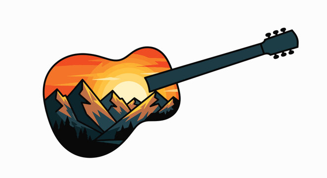 A mandolin silhouette against a vibrant sunset over mountains with wheat fields
