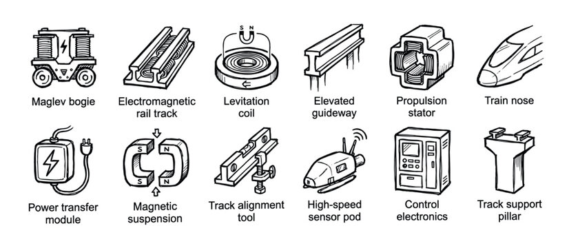 Collection of hand-drawn maglev train icons illustrating the components and principles of magnetic levitation transport technology in a simple black and white sketch style