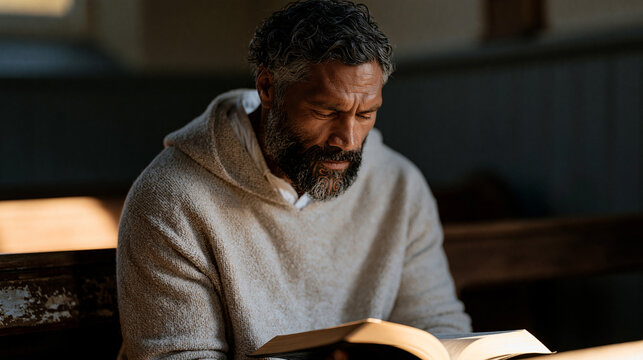 Maori man in his thirties sits alone in empty church at dusk, head bowed over open Bible, ta moko facial tattoo visible, expression caught between inherited faith and personal