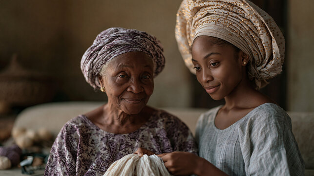 Nigerian grandmother teaches teenage granddaughter to tie ceremonial gele for upcoming church harvest festival, modest Lagos sitting room, sewing tools spread on sofa, oral