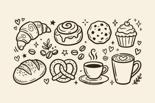 Set of cute hand drawn bakery items and coffee cups in a simple doodle sketch style Vector, illustration