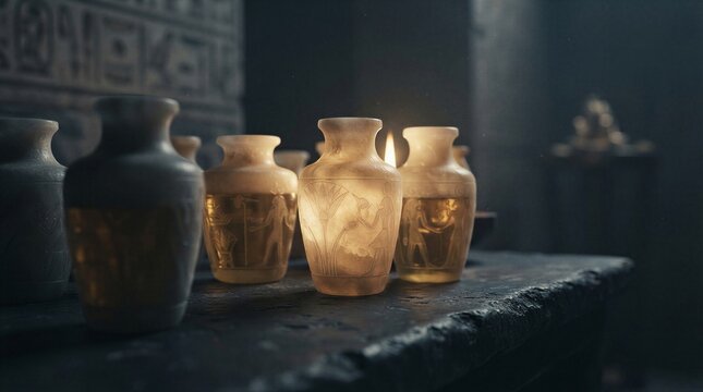 Ancient Egyptian alabaster jars with carved hieroglyphs glowing in the dark