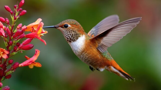 A detailed shot of a hummingbird drinking nectar from a flower, rapid heartbeat and energy, life force