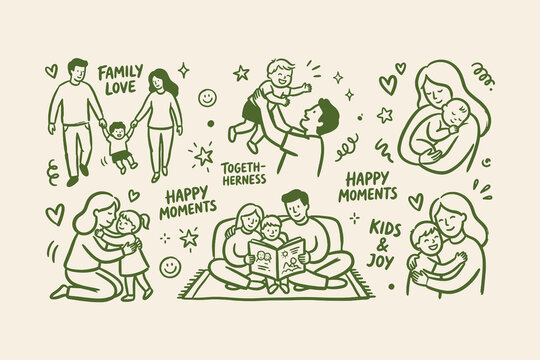 Hand drawn doodle set of happy family moments and parents with children in green ink style Vector, illustration