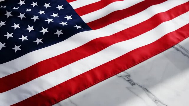American flag unfolding on white marble surface