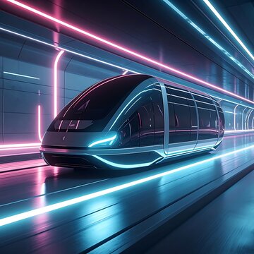 A sleek futuristic train in a neon-lit station