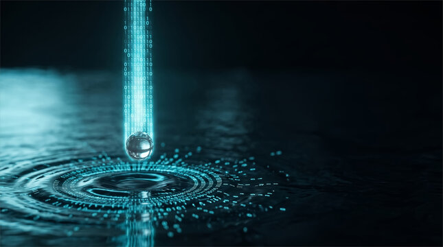 Binary Code Stream Falling Into Water Droplet Creating Digital Ripple