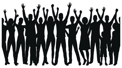 Crowd of diverse people stands with arms raised in a black silhouette graphic celebrating community spirit and solidarity. © Adam