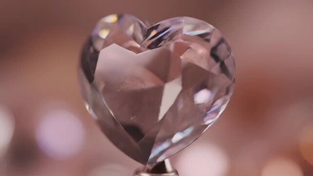 Close-up of a faceted crystal heart gemstone reflecting light on a shimmering pink bokeh background, symbolizing love, romance, and Valentine's Day.
