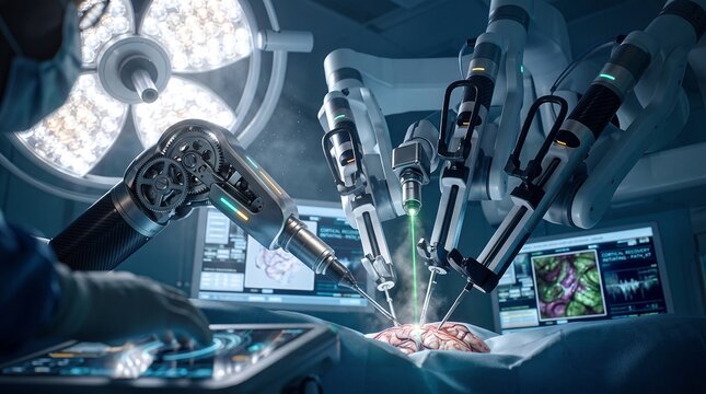Advanced Robotic Surgical System Performing Precision Medical Procedure in High Tech Hospital Operating Room