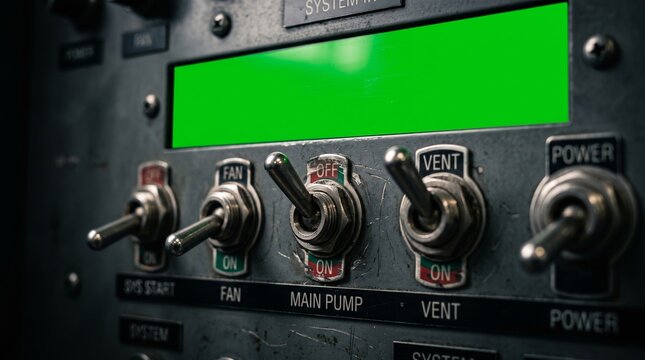 Advanced industrial control panel with classic toggle switches and a bright green screen interface, designed for precise system operation and machinery management