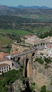 Aerial vertical view of the Puente Nuevo (New Bridge) in Ronda, Granada, Andalusia, Spain.