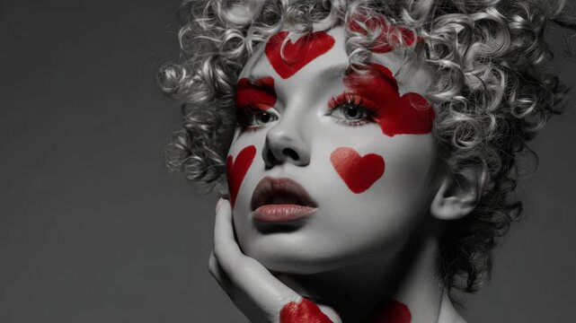 A model with red hearts painted on her face exudes a daring and affectionate expression.