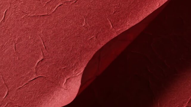 Abstract Terracotta Red Crinkled Paper Texture Background. Close-up of fibrous Washi or craft paper surface with organic wrinkles and rough, rustic details.