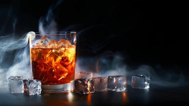 A refreshing cocktail with smoke effect and clear ice cubes, perfect for summer advertising or lifestyle content.