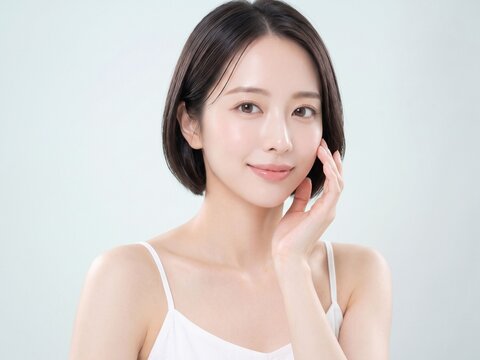 淡いミントホワイトカラー背景で頬に手を添えて穏やかに微笑むショートボブの若い日本人女性の清潔感あるスキンケア美容ポートレート