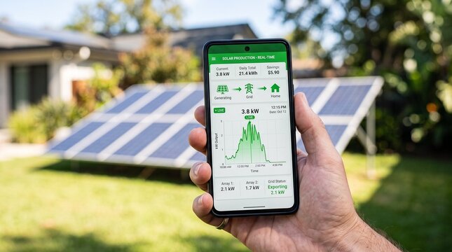 Hand holding smartphone with solar energy monitoring app on screen and solar panels in backyard