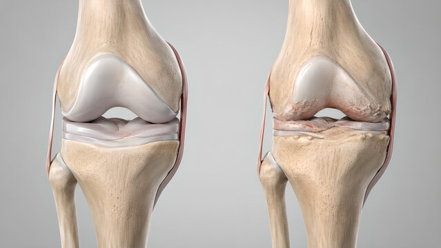 Knee osteoarthritis comparison medical illustration showing normal joint anatomy versus medial compartment cartilage wear with realistic bone detail for healthcare education patient information design
