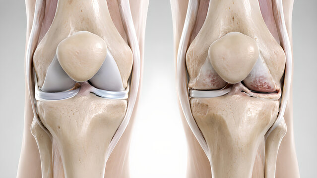 Knee osteoarthritis comparison medical illustration showing normal joint anatomy versus medial compartment cartilage wear with realistic bone detail for healthcare education patient information design