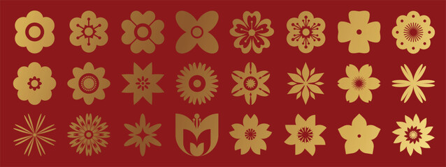 Obraz premium Chinese and Japanese floral elements set. Vector luxury gold flower motifs on red background for New Year decorations, festive cards and seasonal celebration designs