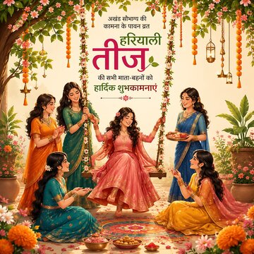 Hariyali teej festive greeting with women on a swing in traditional sarees