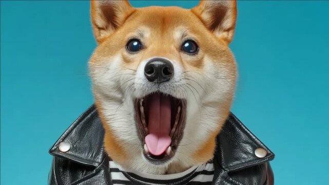 A cute puppy wearing a leather jacket and striped shirt.