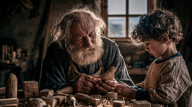 Europe medieval lifestyle. A poignant portrayal of an elderly man with a long white beard and wavy hair, wearing a dark blue shirt and brown apron, intently working on a wooden bird. To his right.