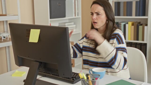 Woman holding head with both hands at computer monitor, staring at screen with furrowed brow among bookshelves and sticky notes inside a building; frustration deadline pressure.