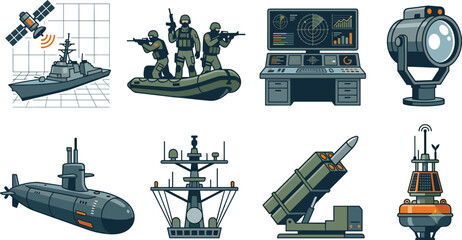Military Defense Equipment and Naval Warfare Flat Vector Icon Set Isolated on White Background © Mamun
