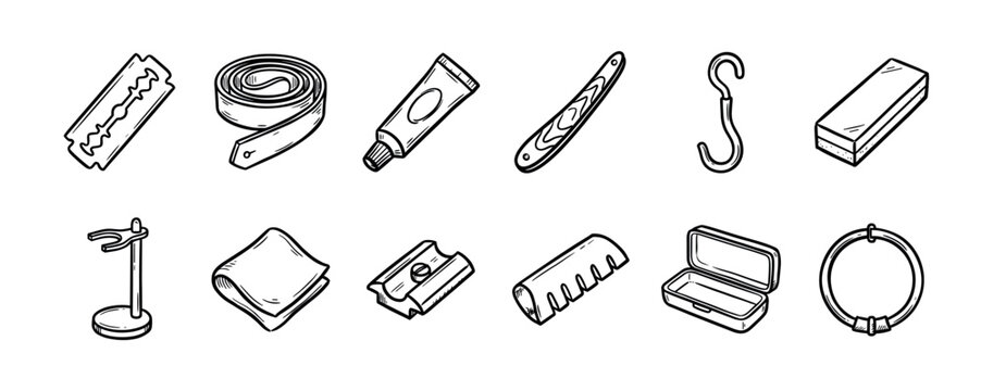 Set of hand-drawn black line icons featuring classic men's grooming and wet shaving tools like a straight razor, blade, strop, and sharpening stone in a doodle vector style