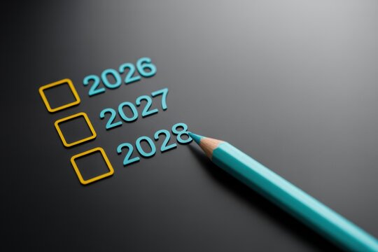 A blue pencil pointing to the year 2028 on a checklist with 2026, 2027, and 2028 options on a dark background