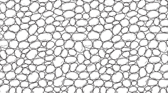 Hand drawn pebble stone wall texture pattern, monochrome outline illustration for architectural background or surface design project