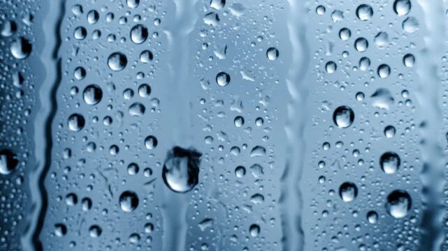 Close-up macro shot of blue water droplets and heavy condensation running down a glass surface, forming a detailed abstract natural texture background.