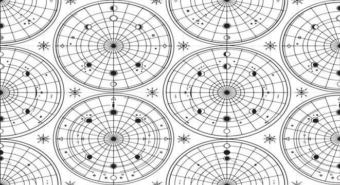 Seamless pattern with celestial navigation charts and moon phases in a minimalist black and white vector style