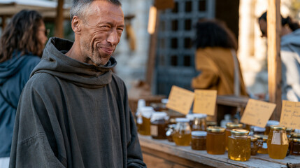 Naklejka premium Autumn morning farmers market at monastery gate, Benedictine monk in work habit sells honey and preserves to neighborhood shoppers, overhead harvest light, hand-lettered price