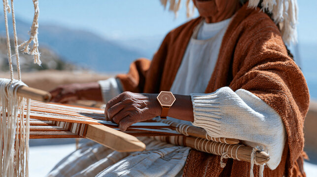 Hexagonal smartwatch face app display mockup on the wrist of an elderly Peruvian weaver seated at a backstrap loom on a sun-bleached adobe rooftop, mountains visible in the far