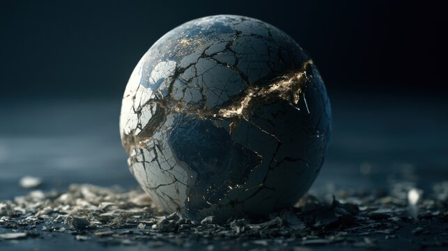 A globe cracks at fault lines, representing global issues and tensions in a dark space setting. The scene highlights the fragility of unity on Earth.