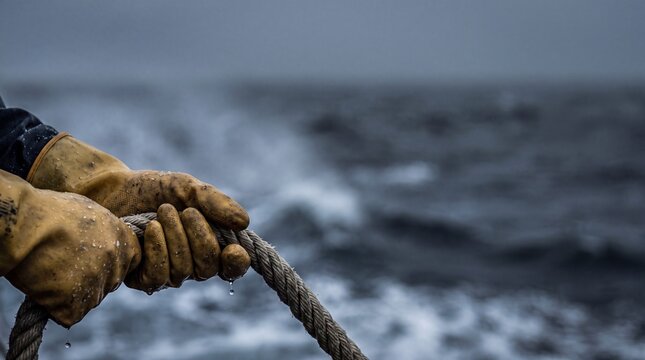 Close up of hands wearing yellow heavy-duty rubber gloves tightly gripping a soaked braided rope over a dark ocean.