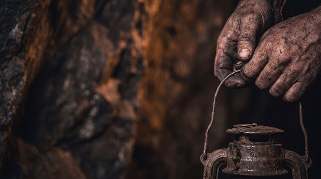 Cinematic close up of dirty, soot-covered hands gripping the thick handle of an old rusty mining lantern in a dark cave.