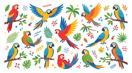 Obraz premium Tropical Parrot Macaw and Exotic Leaf Illustration Collection