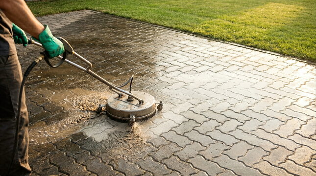 Exterior cleaning professional using pressure washer tool on dirty interlocking pavers, residential backyard patio, outdoor maintenance solutions.